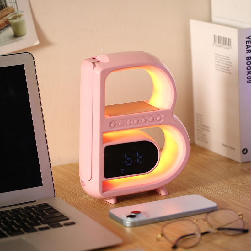 RGB Bluetooth Speaker Lamp with Wireless Charging – B-Shaped Smart LED Music Rhythm Light, Alarm Clock, TF Card & AUX Bedside Table Lamp