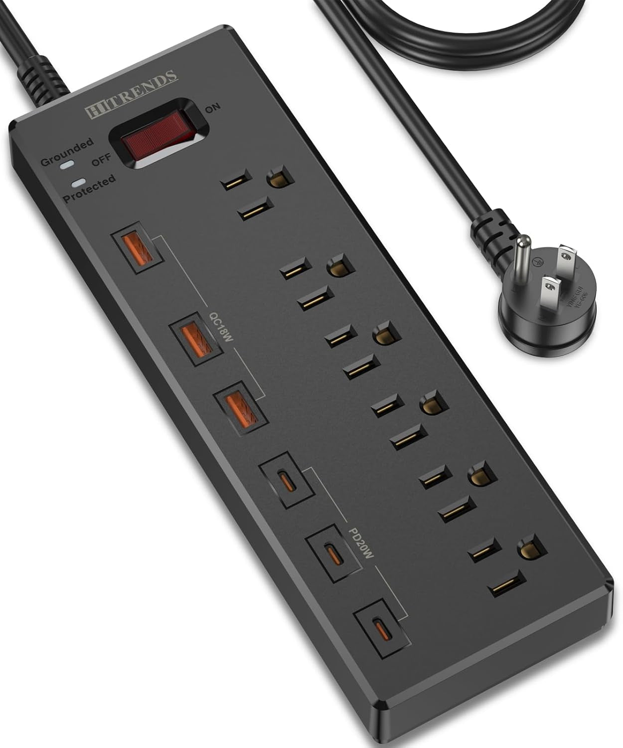 Surge Protector Power Strip – 6 AC Outlets, 6 USB Ports (USB-C + USB-A), 20W Fast Charging, 6FT Cord