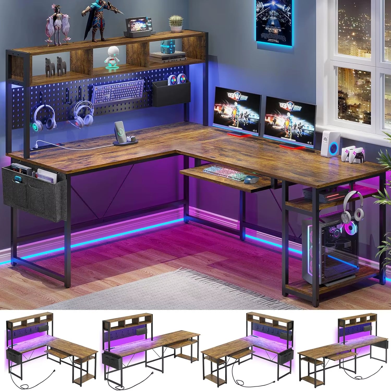 67" L-Shaped Gaming Desk with LED Lights & Power Outlet – Reversible Computer Corner Desk with Pegboard Storage for Home Office & Gaming Setup