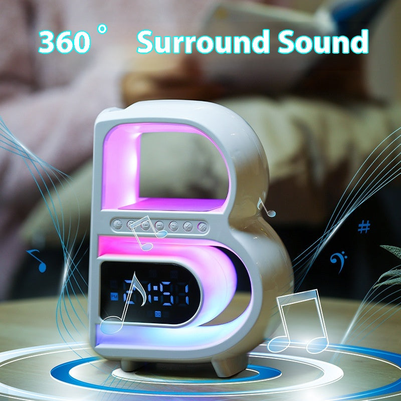 RGB Bluetooth Speaker Lamp with Wireless Charging – B-Shaped Smart LED Music Rhythm Light, Alarm Clock, TF Card & AUX Bedside Table Lamp